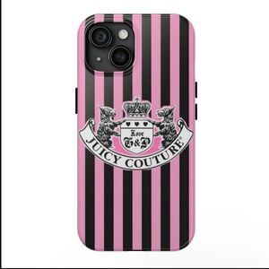 Juicy Couture Pink and Black Vertical Stripe Crest Phone Case